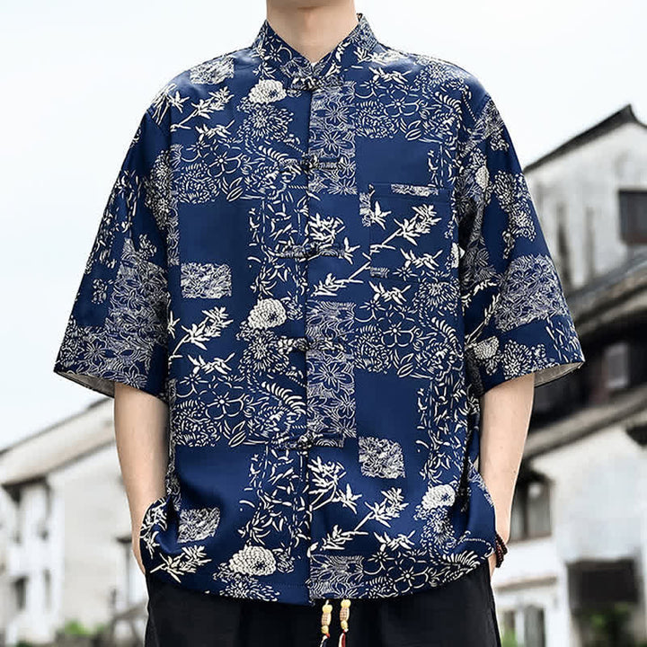 Buddha Stones Camisa de manga tres cuartos para hombre con estampado floral, de mariposas y botones de rana, estilo Summer Tang, con bolsillo en el pecho. - image 10