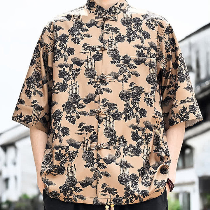 Buddha Stones Camisa de manga tres cuartos para hombre con estampado floral, de mariposas y botones de rana, estilo Summer Tang, con bolsillo en el pecho. - image 16