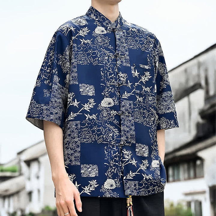 Buddha Stones Camisa de manga tres cuartos para hombre con estampado floral, de mariposas y botones de rana, estilo Summer Tang, con bolsillo en el pecho. - image 8