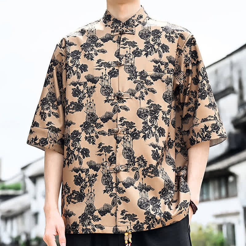 Buddha Stones Camisa de manga tres cuartos para hombre con estampado floral, de mariposas y botones de rana, estilo Summer Tang, con bolsillo en el pecho. - image 17