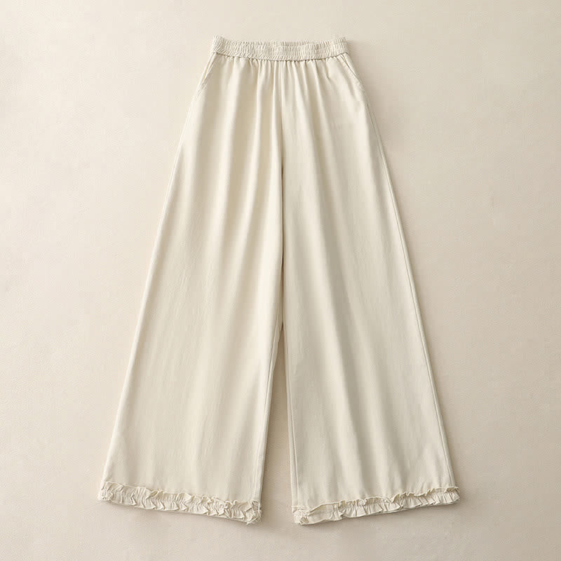 Buddha Stones Pantalones de mujer de pierna ancha con volantes en el bajo, de algodón liso, estilo casual de primavera, con bolsillos. - Blanco antiguo - US12, UK/AU16, EU44 (2XL) - image 5