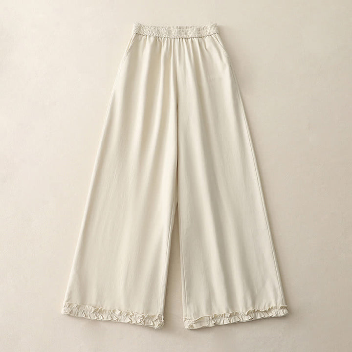 Buddha Stones Pantalones de mujer de pierna ancha con volantes en el bajo, de algodón liso, estilo casual de primavera, con bolsillos. - Blanco antiguo - US12, UK/AU16, EU44 (2XL) - image 5