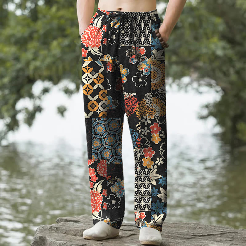 Buddha Stones Pantalones de hombre de algodón con estampado floral bohemio en patchwork, corte ajustado y bolsillos. - Negro - US/UK/AU50, EU60 (5XL) - image 0