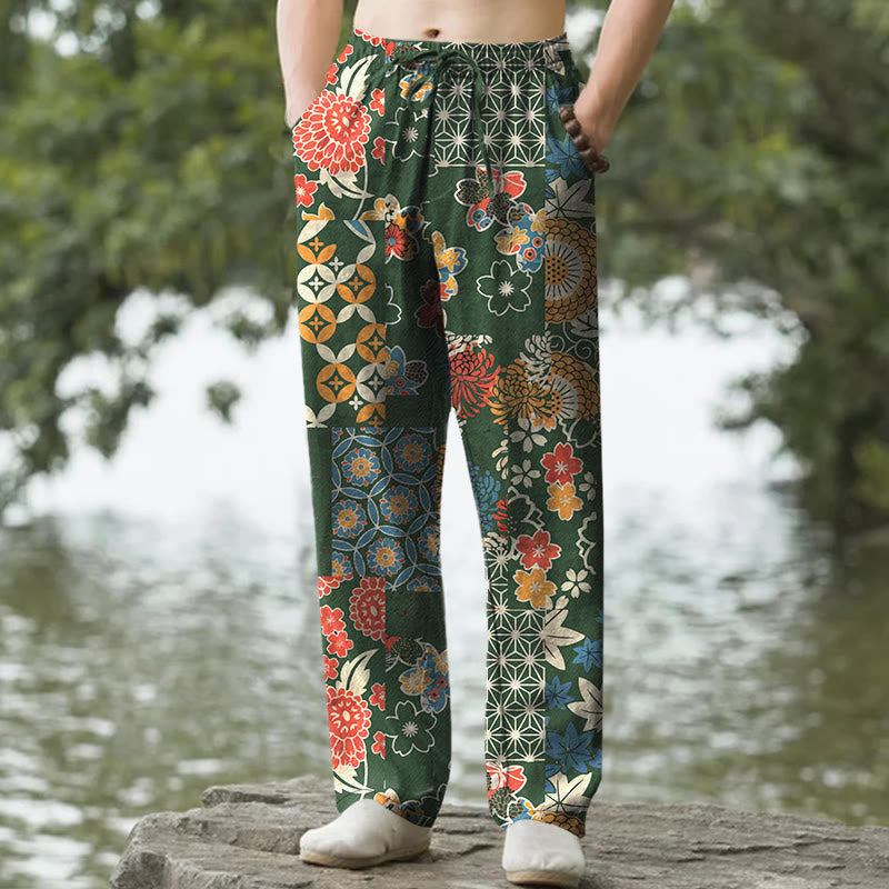 Buddha Stones Pantalones de hombre de algodón con estampado floral bohemio en patchwork, corte ajustado y bolsillos. - Verde bosque - US/UK/AU50, EU60 (5XL) - image 4