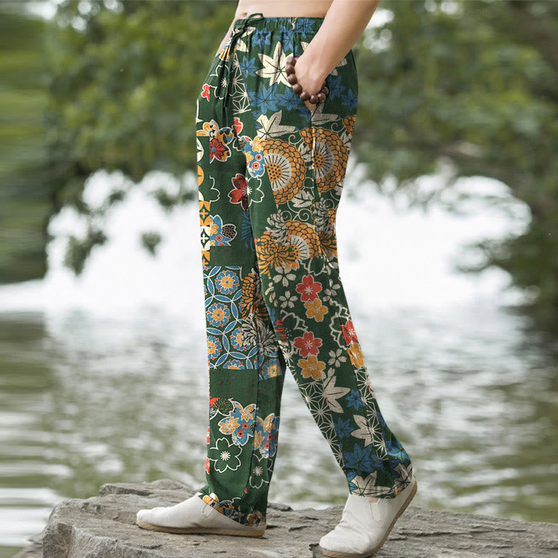 Buddha Stones Pantalones de hombre de algodón con estampado floral bohemio en patchwork, corte ajustado y bolsillos. - image 5
