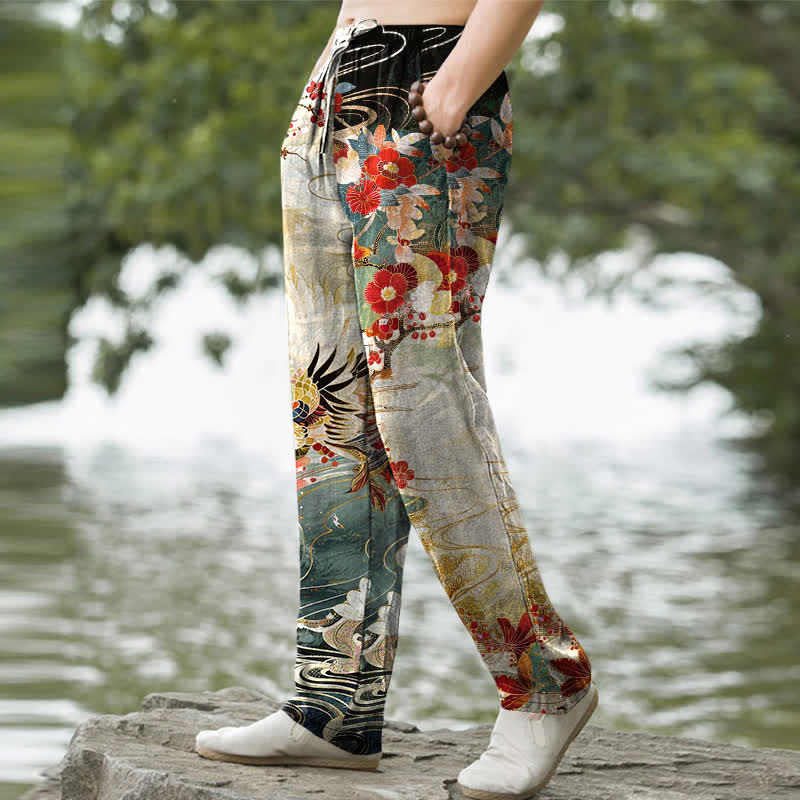 Buddha Stones Pantalones de hombre de algodón blanco con estampado de grullas y olas, corte cónico y bolsillos. - image 1