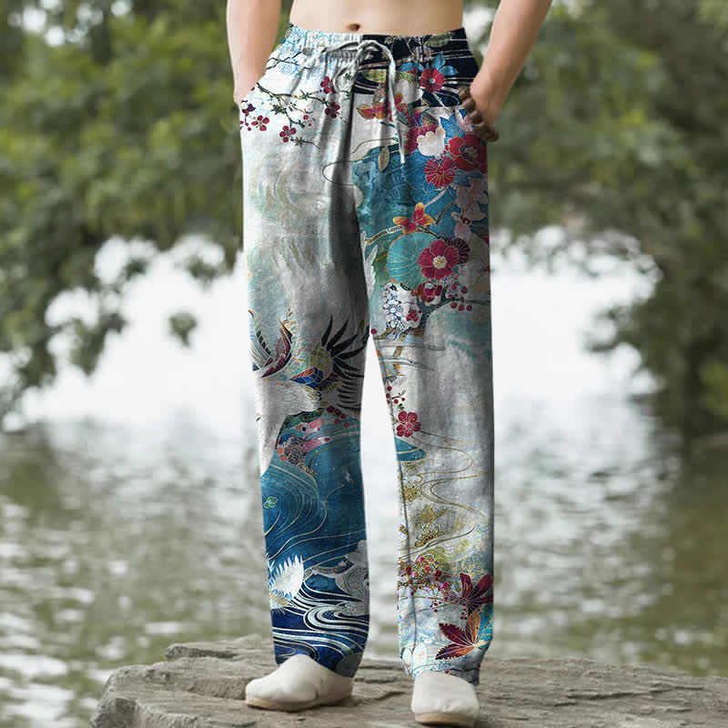 Buddha Stones Pantalones de hombre de algodón blanco con estampado de grullas y olas, corte cónico y bolsillos. - Turquesa - US/UK/AU50, EU60 (5XL) - image 4