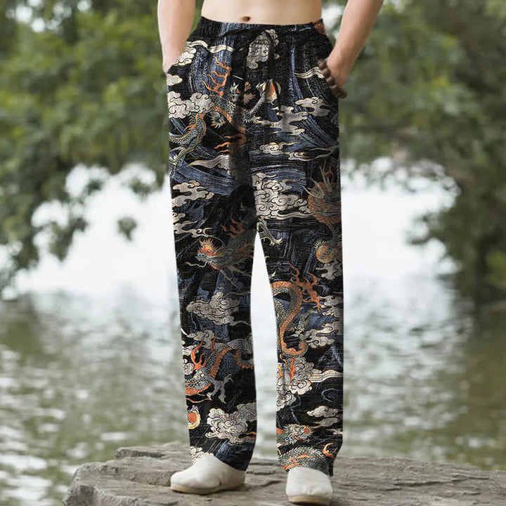 Buddha Stones Pantalones de hombre de algodón con estampado de nubes y dragones, corte ajustado y bolsillos. - Negro - US/UK/AU50, EU60 (5XL) - image 0