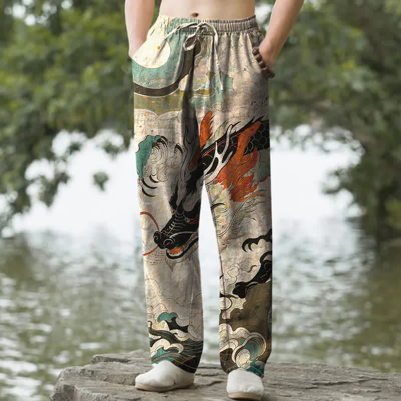 Buddha Stones Pantalones de hombre de algodón con estampado de olas y dragón oriental, corte cónico y bolsillos. - Beige - US/UK/AU50, EU60 (5XL) - image 0