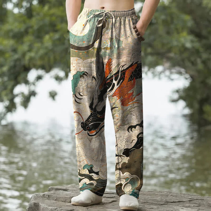 Buddha Stones Pantalones de hombre de algodón con estampado de olas y dragón oriental, corte cónico y bolsillos. - Beige - US/UK/AU50, EU60 (5XL) - image 0