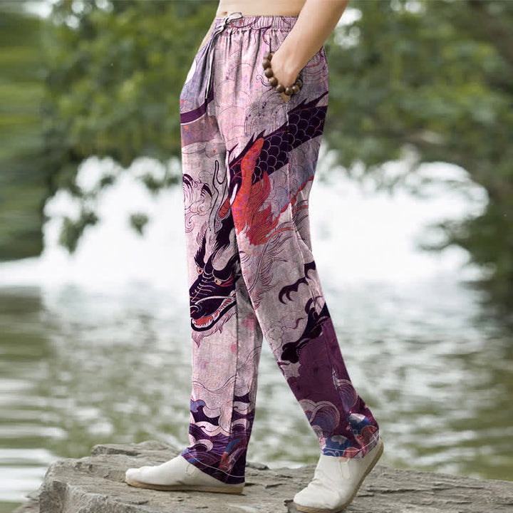 Buddha Stones Pantalones de hombre de algodón con estampado de olas y dragón oriental, corte cónico y bolsillos. - image 7