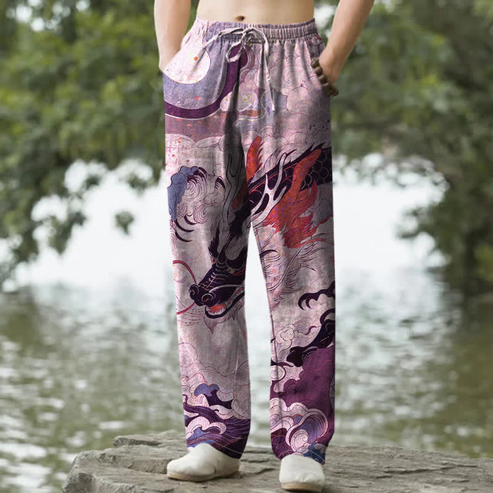 Buddha Stones Pantalones de hombre de algodón con estampado de olas y dragón oriental, corte cónico y bolsillos. - Ciruela - US/UK/AU50, EU60 (5XL) - image 6