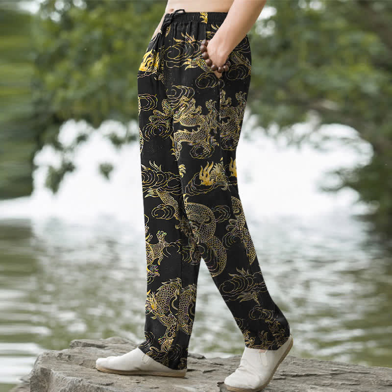 Buddha Stones Pantalones de hombre de algodón con estampado de nube y dragón dorado, corte ajustado y bolsillos. - image 1