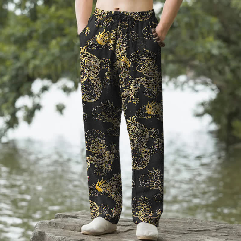 Buddha Stones Pantalones de hombre de algodón con estampado de nube y dragón dorado, corte ajustado y bolsillos. - Negro - US/UK/AU50, EU60 (5XL) - image 0