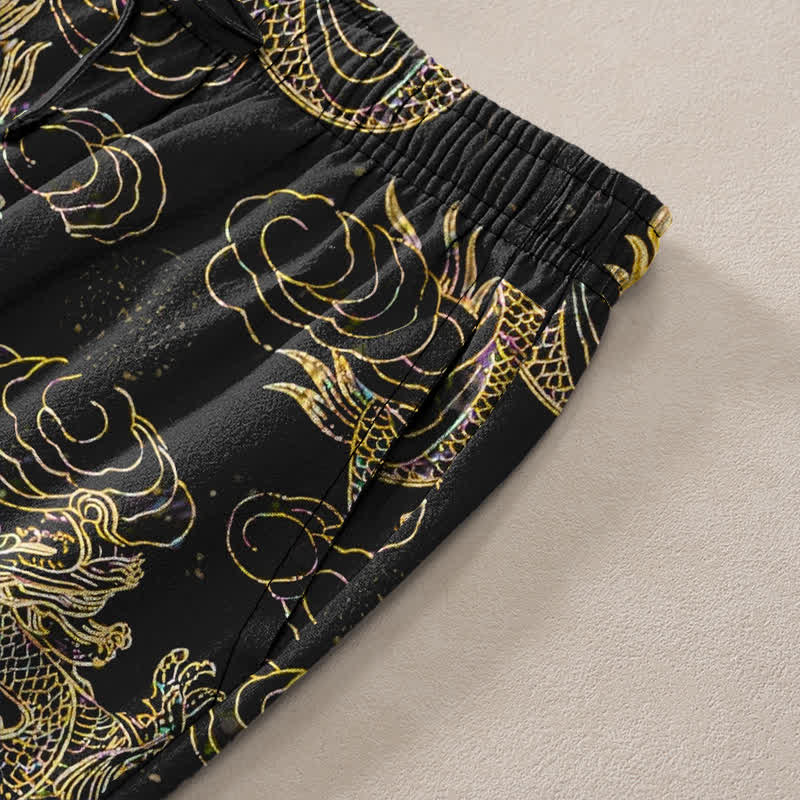 Buddha Stones Pantalones de hombre de algodón con estampado de nube y dragón dorado, corte ajustado y bolsillos. - image 3