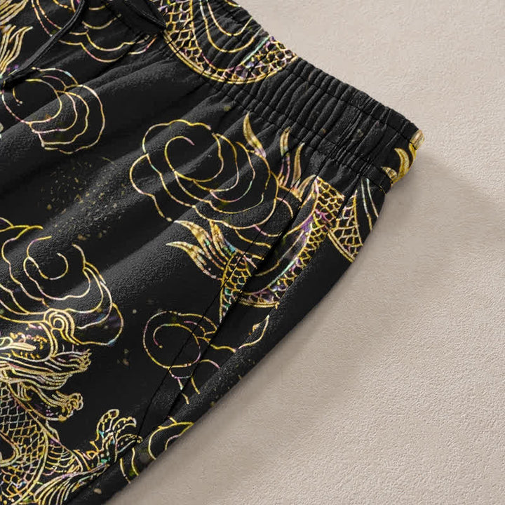 Buddha Stones Pantalones de hombre de algodón con estampado de nube y dragón dorado, corte ajustado y bolsillos. - image 3