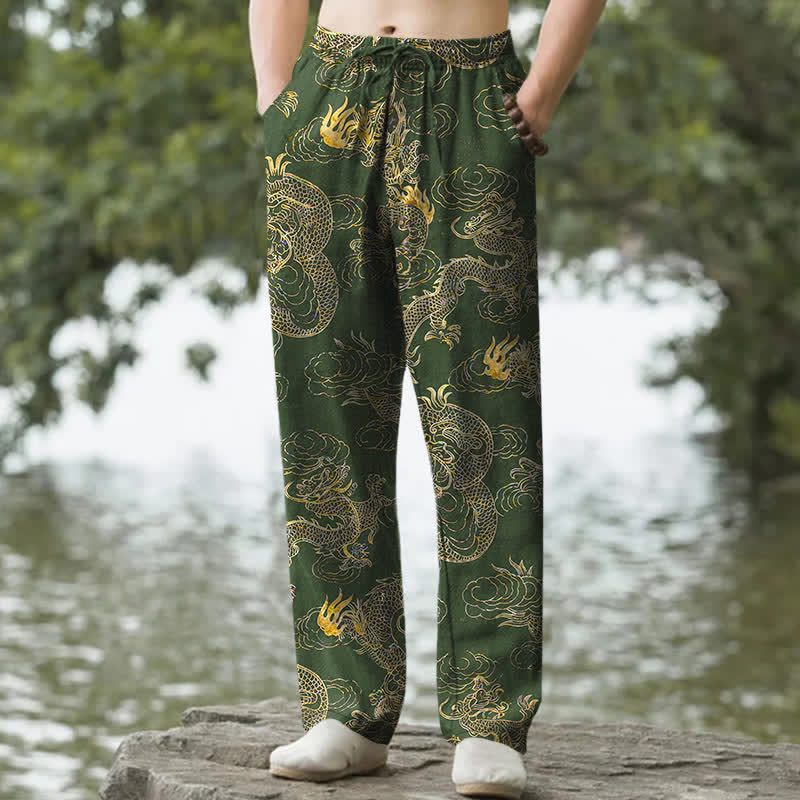 Buddha Stones Pantalones de hombre de algodón con estampado de nube y dragón dorado, corte ajustado y bolsillos. - Verde bosque - US/UK/AU50, EU60 (5XL) - image 4