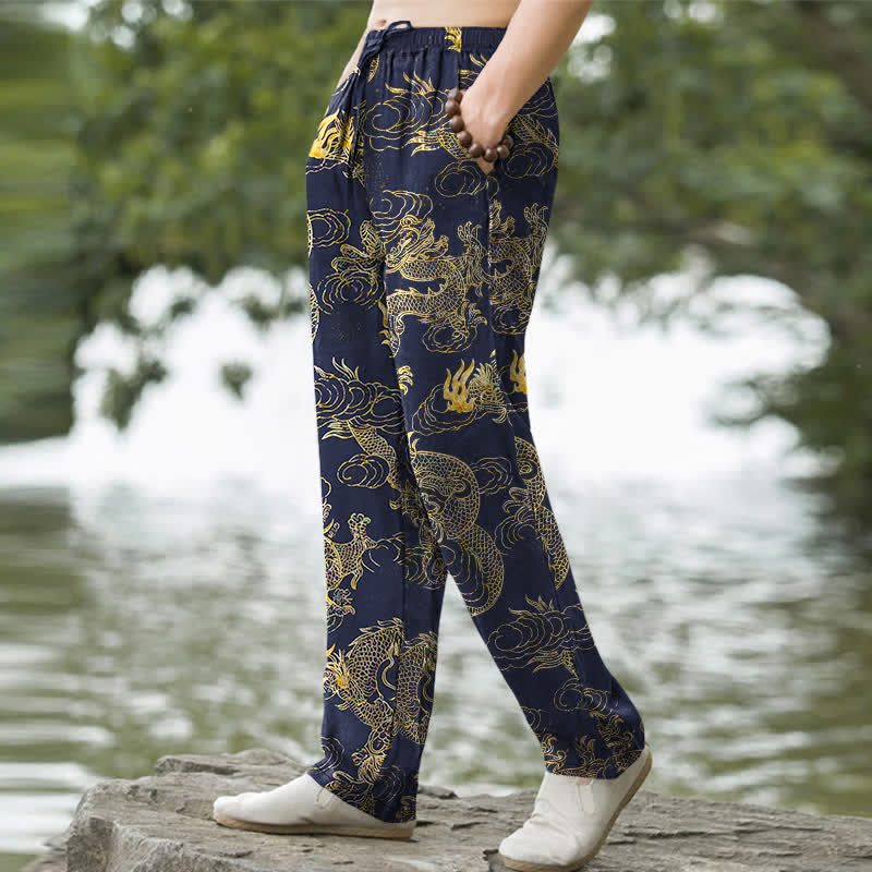 Buddha Stones Pantalones de hombre de algodón con estampado de nube y dragón dorado, corte ajustado y bolsillos. - image 7