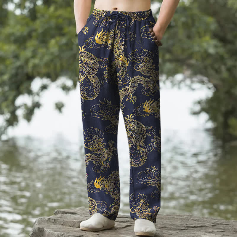 Buddha Stones Pantalones de hombre de algodón con estampado de nube y dragón dorado, corte ajustado y bolsillos. - Marina de guerra - US/UK/AU50, EU60 (5XL) - image 6