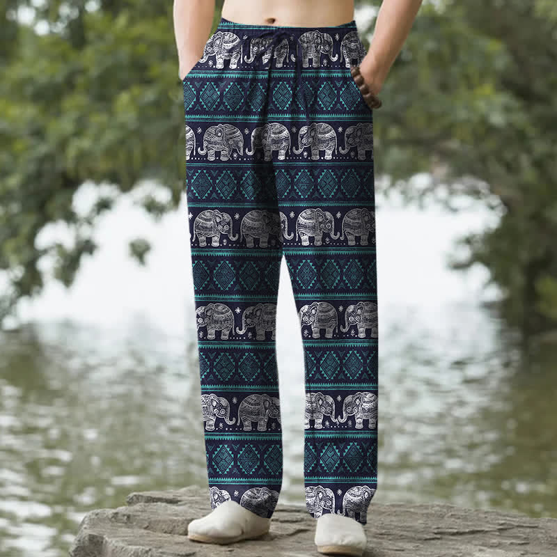 Buddha Stones Pantalones de hombre de algodón con estampado geométrico de rayas y elefantes, corte ajustado y bolsillos. - Marina de guerra - US/UK/AU50, EU60 (5XL) - image 0