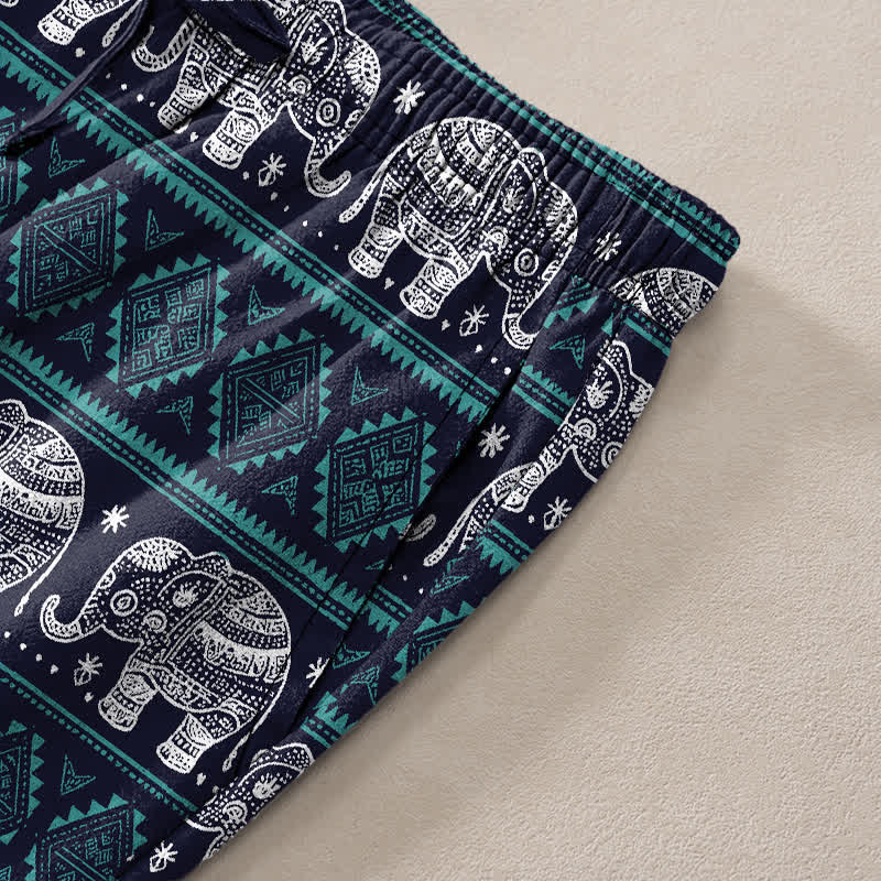 Buddha Stones Pantalones de hombre de algodón con estampado geométrico de rayas y elefantes, corte ajustado y bolsillos. - image 3