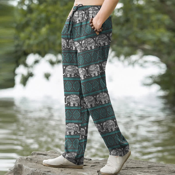 Buddha Stones Pantalones de hombre de algodón con estampado geométrico de rayas y elefantes, corte ajustado y bolsillos. - image 5