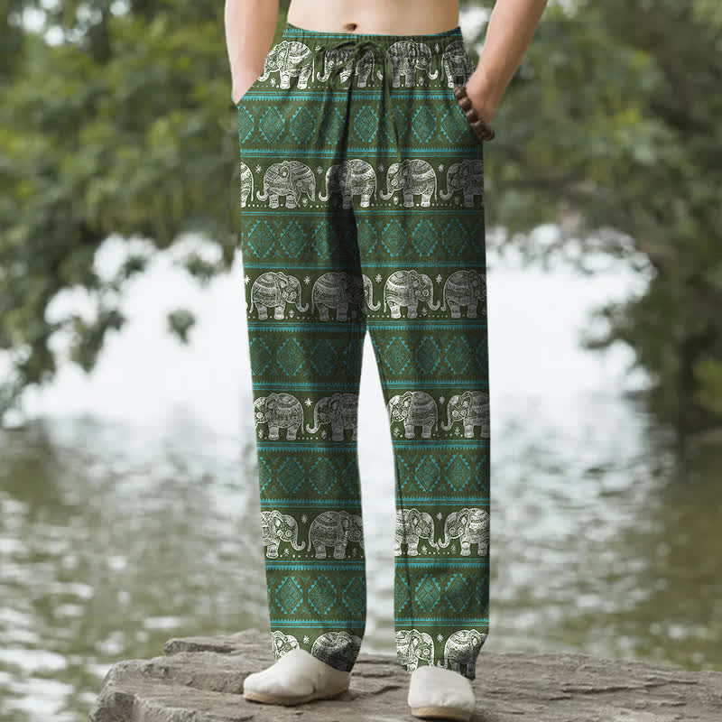 Buddha Stones Pantalones de hombre de algodón con estampado geométrico de rayas y elefantes, corte ajustado y bolsillos. - Verde bosque - US/UK/AU50, EU60 (5XL) - image 6
