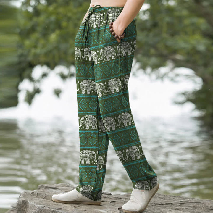 Buddha Stones Pantalones de hombre de algodón con estampado geométrico de rayas y elefantes, corte ajustado y bolsillos. - image 7