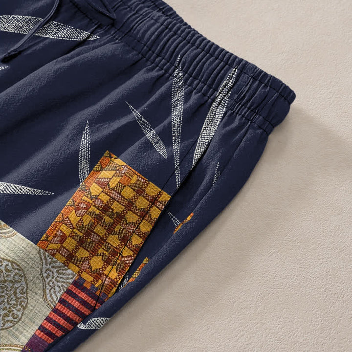 Buddha Stones Pantalones de hombre de algodón estilo bohemio con estampado de hojas y corte ajustado, con bolsillos. - image 3