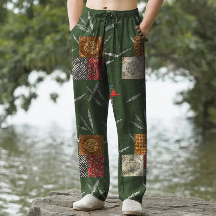 Buddha Stones Pantalones de hombre de algodón estilo bohemio con estampado de hojas y corte ajustado, con bolsillos. - Verde bosque - US/UK/AU50, EU60 (5XL) - image 4