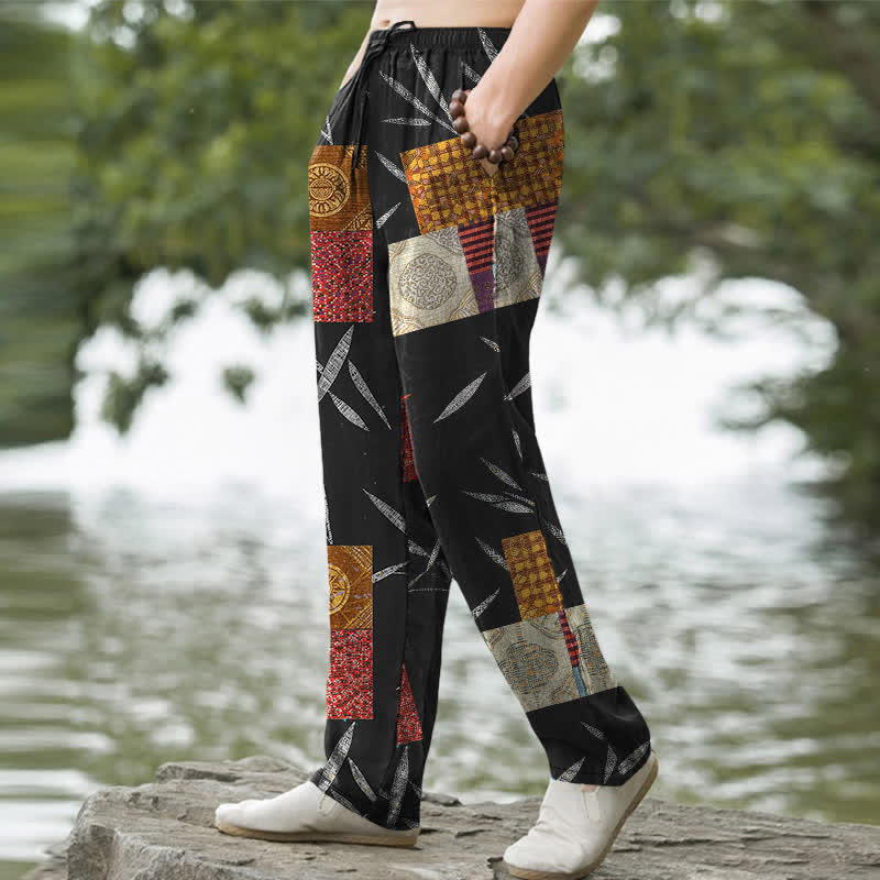 Buddha Stones Pantalones de hombre de algodón estilo bohemio con estampado de hojas y corte ajustado, con bolsillos. - image 7
