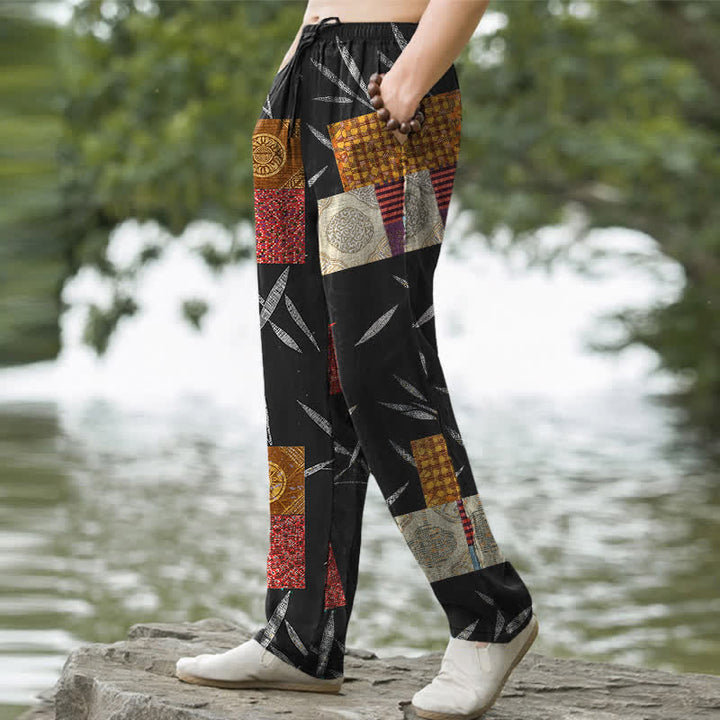 Buddha Stones Pantalones de hombre de algodón estilo bohemio con estampado de hojas y corte ajustado, con bolsillos. - image 7