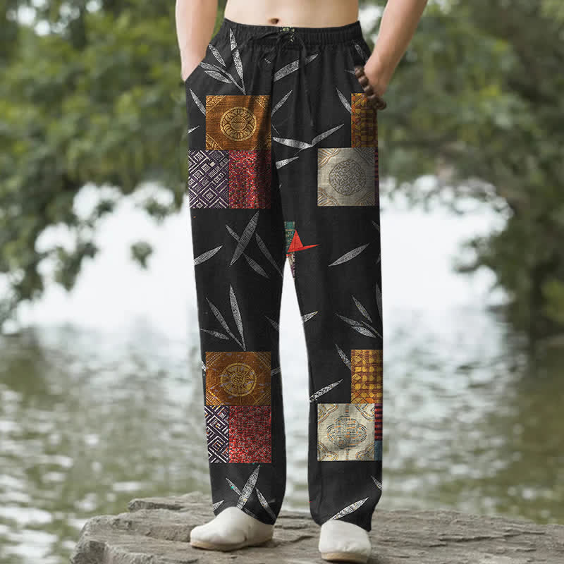 Buddha Stones Pantalones de hombre de algodón estilo bohemio con estampado de hojas y corte ajustado, con bolsillos. - Negro - US/UK/AU50, EU60 (5XL) - image 6