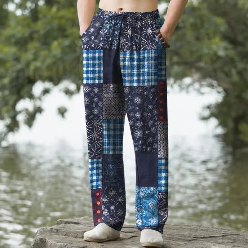Buddha Stones Pantalones de hombre de algodón con estampado floral en patchwork, corte ajustado y bolsillos. - Marina de guerra - US/UK/AU50, EU60 (5XL) - image 0