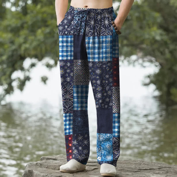 Buddha Stones Pantalones de hombre de algodón con estampado floral en patchwork, corte ajustado y bolsillos. - Marina de guerra - US/UK/AU50, EU60 (5XL) - image 0