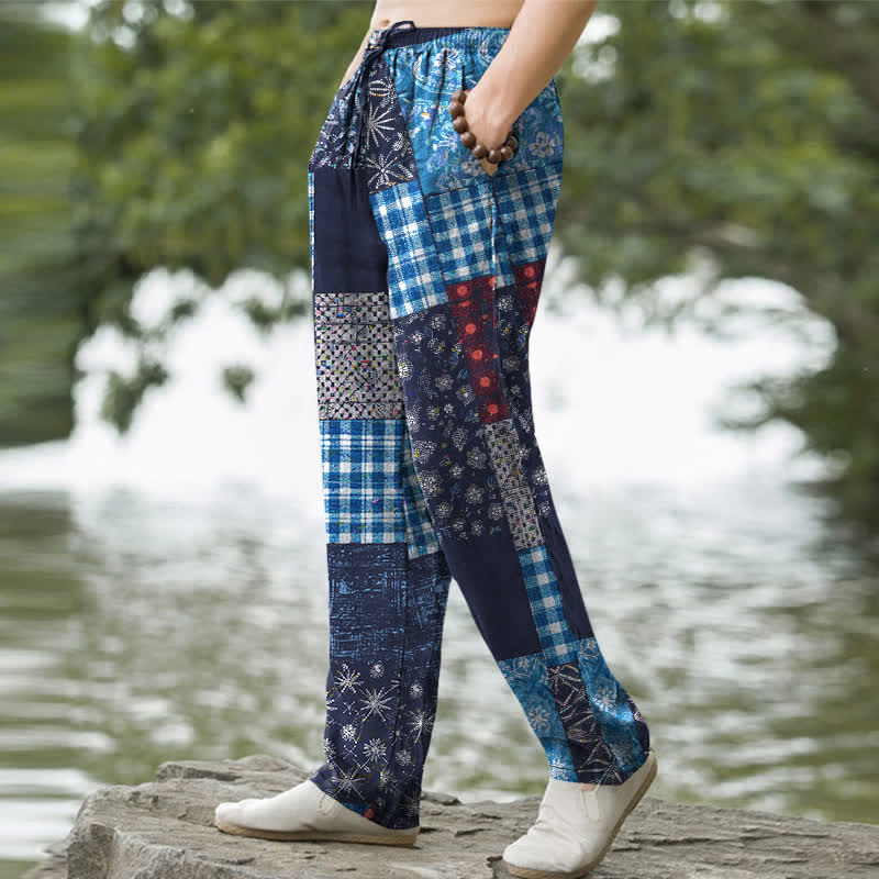 Buddha Stones Pantalones de hombre de algodón con estampado floral en patchwork, corte ajustado y bolsillos. - image 1