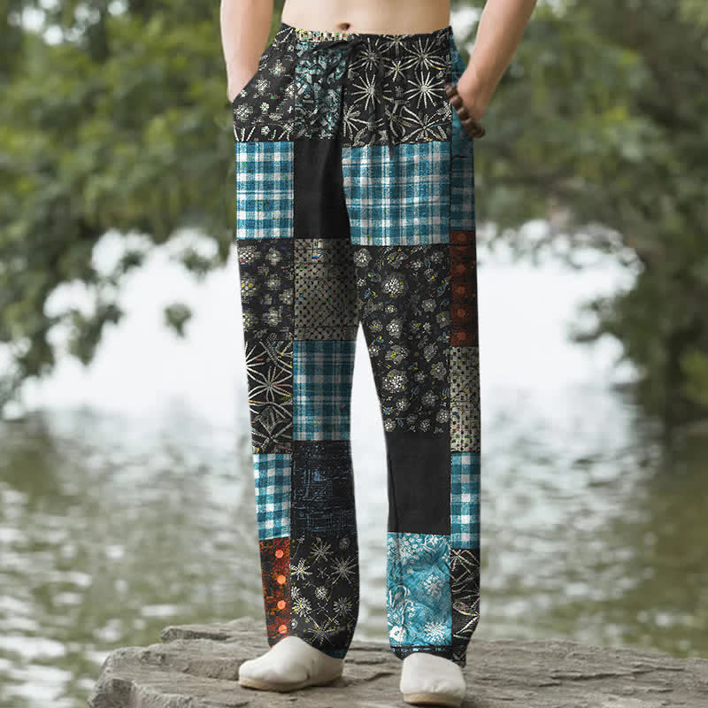 Buddha Stones Pantalones de hombre de algodón con estampado floral en patchwork, corte ajustado y bolsillos. - Negro - US/UK/AU50, EU60 (5XL) - image 4