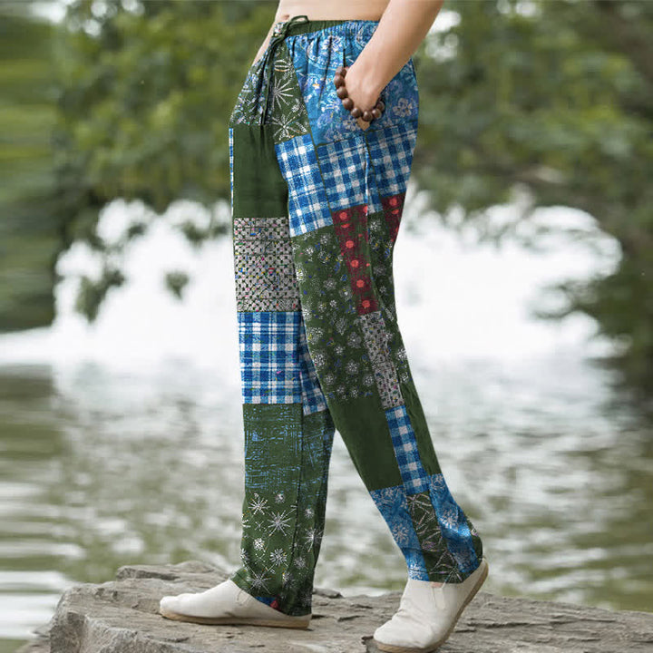 Buddha Stones Pantalones de hombre de algodón con estampado floral en patchwork, corte ajustado y bolsillos. - image 7