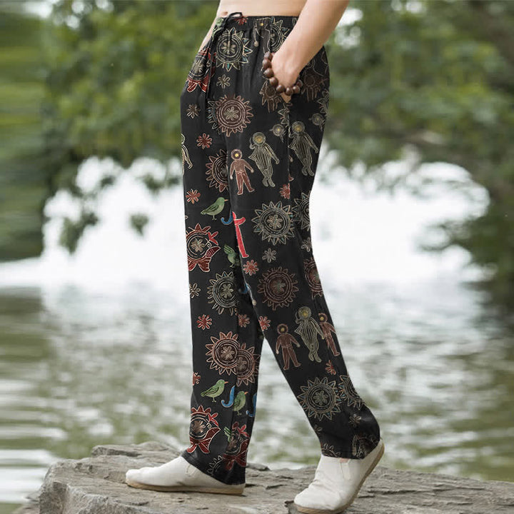 Buddha Stones Pantalones de hombre de algodón con estampado bohemio de figuras de sol, corte ajustado y bolsillos. - image 1