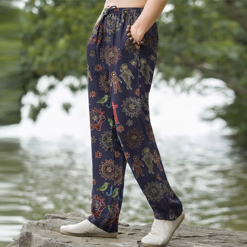 Buddha Stones Pantalones de hombre de algodón con estampado bohemio de figuras de sol, corte ajustado y bolsillos. - image 5