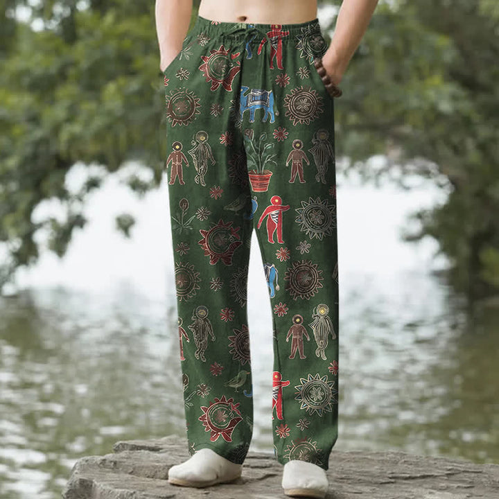 Buddha Stones Pantalones de hombre de algodón con estampado bohemio de figuras de sol, corte ajustado y bolsillos. - Verde bosque - US/UK/AU50, EU60 (5XL) - image 6