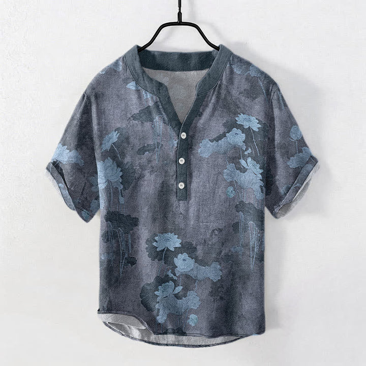 Buddha Stones Camisa de manga corta con medio botón y estampado floral de loto de algodón para hombre - Gris pizarra - US/UK/AU50, EU60 (5XL) - image 5