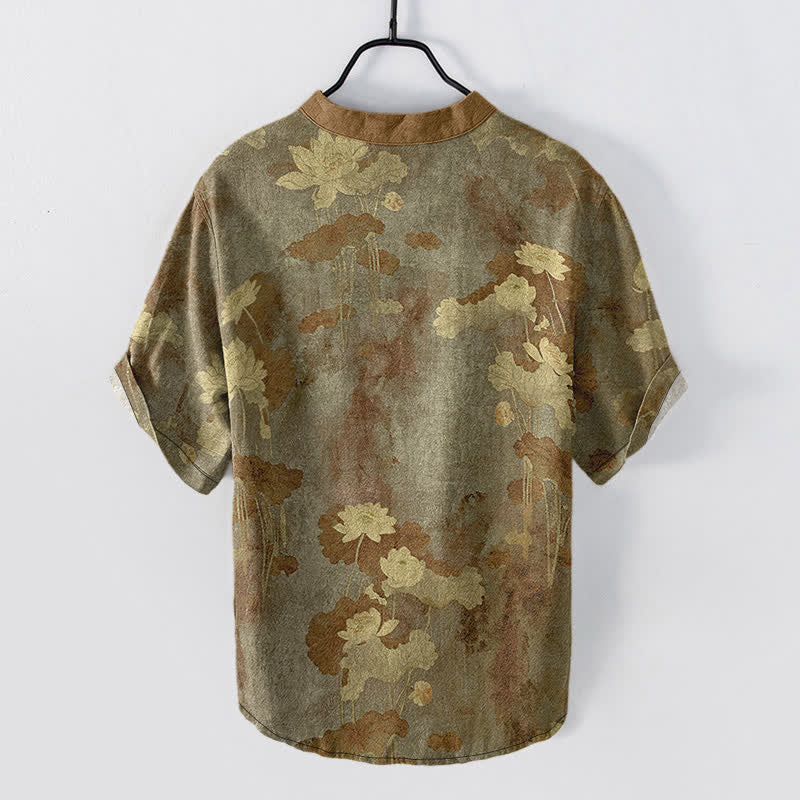 Buddha Stones Camisa de manga corta con medio botón y estampado floral de loto de algodón para hombre - image 8
