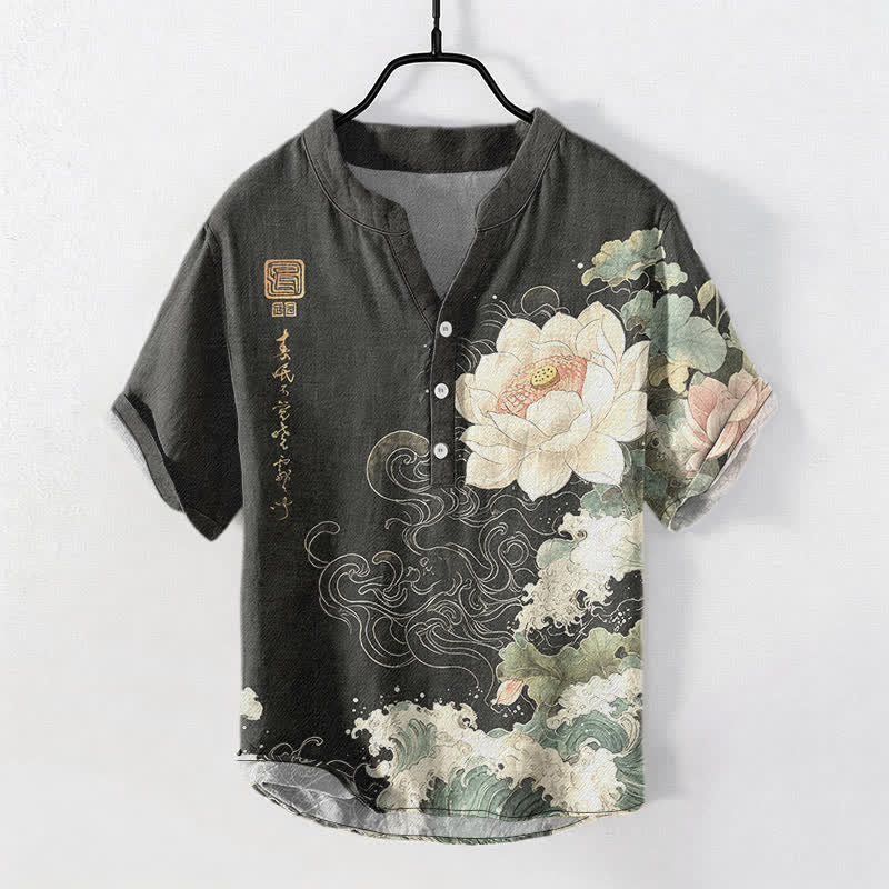 Buddha Stones Camisa de manga corta con medio botón y estampado de ondas de loto de algodón para hombre - Gris oscuro - US/UK/AU50, EU60 (5XL) - image 0