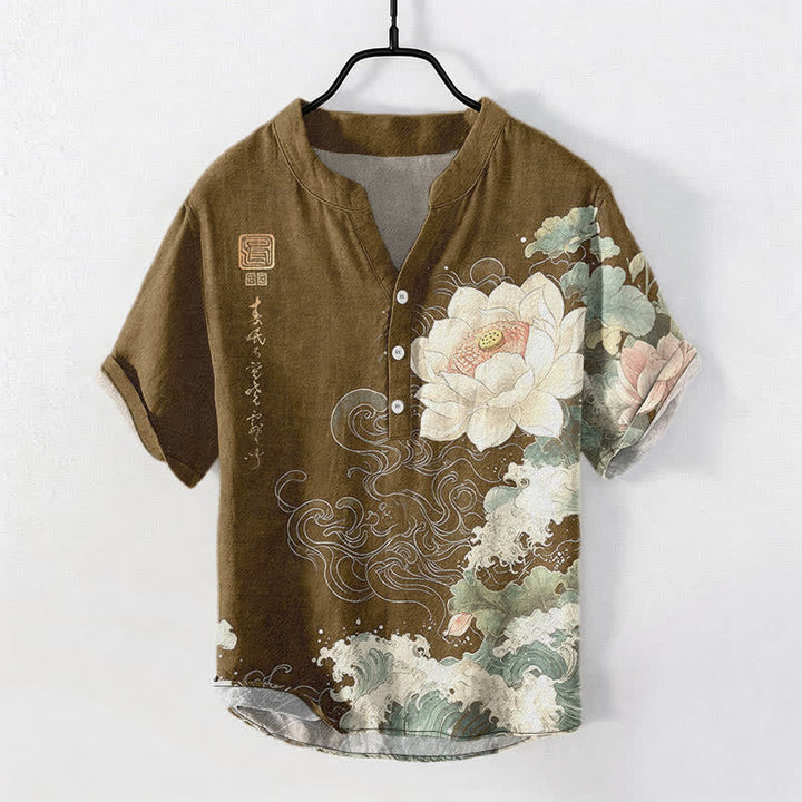 Buddha Stones Camisa de manga corta con medio botón y estampado de ondas de loto de algodón para hombre - Marrón silla de montar - US/UK/AU50, EU60 (5XL) - image 5