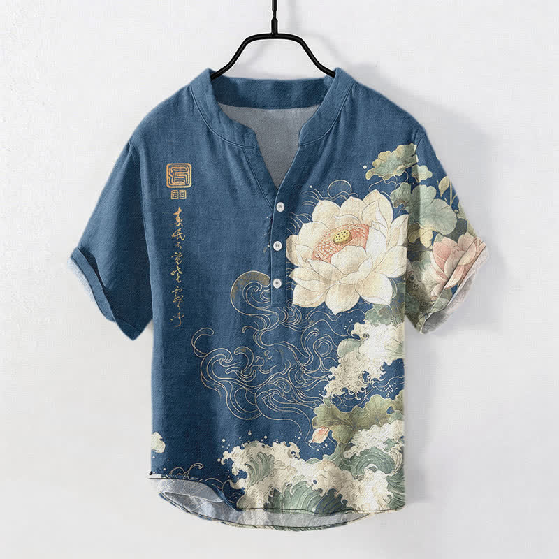 Buddha Stones Camisa de manga corta con medio botón y estampado de ondas de loto de algodón para hombre - Azul acero - US/UK/AU50, EU60 (5XL) - image 7
