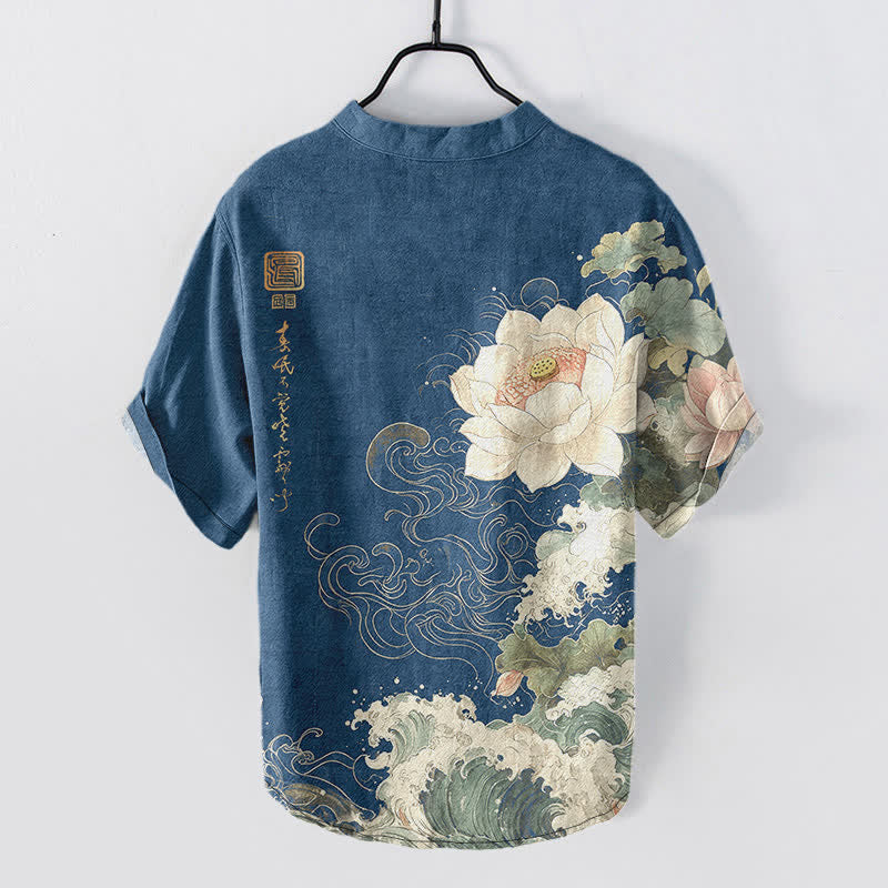 Buddha Stones Camisa de manga corta con medio botón y estampado de ondas de loto de algodón para hombre - image 8