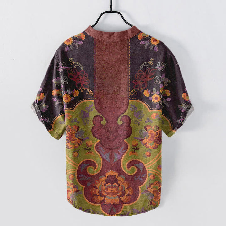 Buddha Stones Camisa de manga corta con medio botón y estampado floral barroco de algodón para hombre - image 1