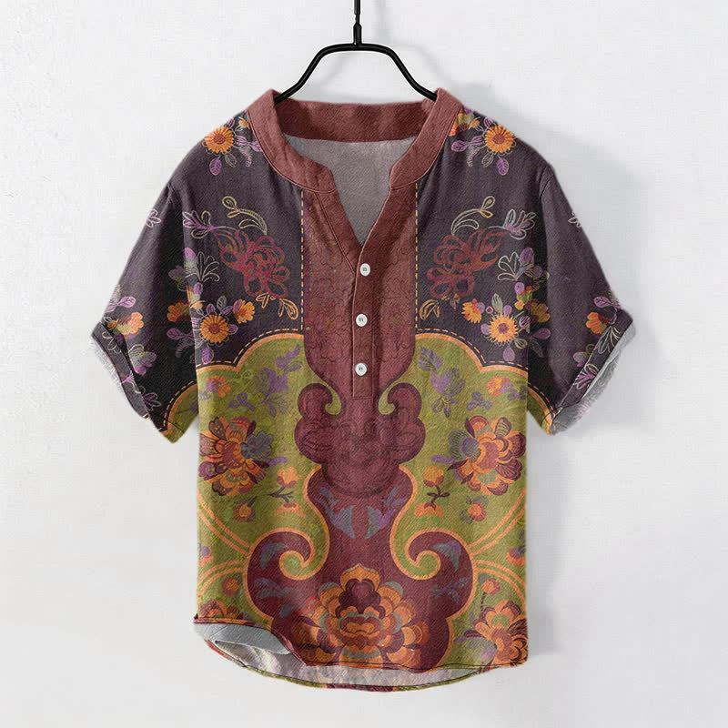 Buddha Stones Camisa de manga corta con medio botón y estampado floral barroco de algodón para hombre - Granate - US/UK/AU50, EU60 (5XL) - image 0