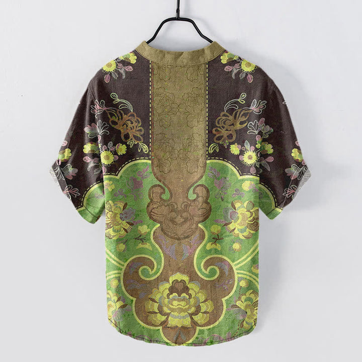 Buddha Stones Camisa de manga corta con medio botón y estampado floral barroco de algodón para hombre - image 6